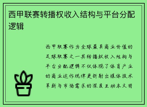 西甲联赛转播权收入结构与平台分配逻辑