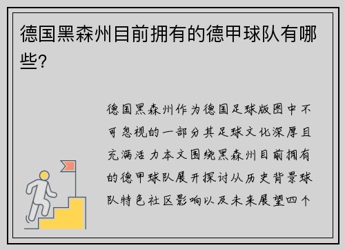 德国黑森州目前拥有的德甲球队有哪些？
